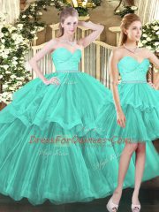 Enchanting Aqua Blue Ball Gowns Ruffled Layers Quinceanera Gown Lace Up Tulle Sleeveless Floor Length