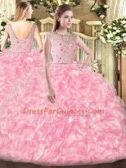Super Sleeveless Floor Length Beading and Ruffles Zipper Ball Gown Prom Dress with Rose Pink