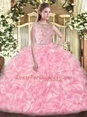 Super Sleeveless Floor Length Beading and Ruffles Zipper Ball Gown Prom Dress with Rose Pink
