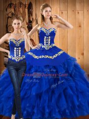 Fantastic Ball Gowns Ball Gown Prom Dress Blue Sweetheart Satin and Organza Sleeveless Floor Length Lace Up