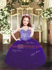 Sleeveless Floor Length Beading and Ruffles Lace Up Little Girls Pageant Dress Wholesale with Purple