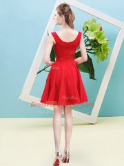 Red Satin Zipper Asymmetric Sleeveless Mini Length Quinceanera Court of Honor Dress Ruching