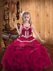 Nice Fuchsia Straps Neckline Embroidery and Ruffles Little Girl Pageant Gowns Sleeveless Lace Up