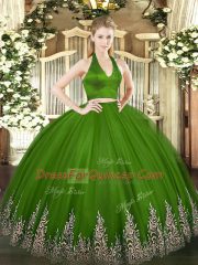 Green Tulle Zipper Sweet 16 Dresses Sleeveless Floor Length Appliques