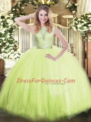 Super Yellow Green Ball Gowns Tulle Scoop Sleeveless Lace Floor Length Backless Quince Ball Gowns
