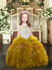 Gold Zipper Scoop Beading and Ruffles Kids Formal Wear Organza Sleeveless
