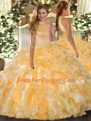 Super Gold Sleeveless Organza Backless 15th Birthday Dress for Military Ball and Sweet 16 and Quinceanera