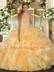 Super Gold Sleeveless Organza Backless 15th Birthday Dress for Military Ball and Sweet 16 and Quinceanera
