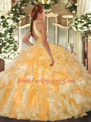 Super Gold Sleeveless Organza Backless 15th Birthday Dress for Military Ball and Sweet 16 and Quinceanera