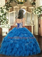 Red Organza Lace Up Straps Sleeveless Floor Length Kids Formal Wear Beading and Ruffled Layers