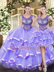 Noble Sleeveless Tulle Floor Length Lace Up Vestidos de Quinceanera in Lavender with Beading and Ruffled Layers