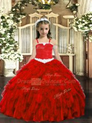 Floor Length Wine Red Evening Gowns Organza Sleeveless Appliques and Ruffles