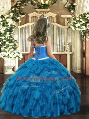 Floor Length Wine Red Evening Gowns Organza Sleeveless Appliques and Ruffles