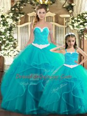 Flare Aqua Blue Sweetheart Lace Up Ruffles Sweet 16 Dresses Sleeveless