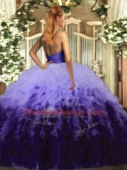 Exceptional Multi-color Ball Gowns V-neck Sleeveless Tulle Floor Length Backless Ruffles Quinceanera Dresses