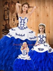 Hot Selling Royal Blue Lace Lace Up Sweet 16 Quinceanera Dress Sleeveless Floor Length Embroidery and Ruffles