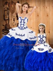 Hot Selling Royal Blue Lace Lace Up Sweet 16 Quinceanera Dress Sleeveless Floor Length Embroidery and Ruffles