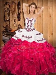 Flirting Satin and Organza Strapless Sleeveless Lace Up Embroidery and Ruffles Quinceanera Dress in Hot Pink