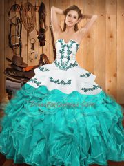 Floor Length Aqua Blue Ball Gown Prom Dress Strapless Sleeveless Lace Up