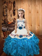 Sleeveless Lace Up Floor Length Embroidery and Ruffles Little Girls Pageant Gowns