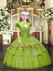 Olive Green Sleeveless Floor Length Beading and Ruffled Layers Lace Up Kids Formal Wear