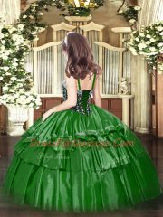 Olive Green Sleeveless Floor Length Beading and Ruffled Layers Lace Up Kids Formal Wear