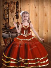Exquisite Rust Red Organza Lace Up Little Girls Pageant Dress Wholesale Sleeveless Floor Length Embroidery and Ruffles