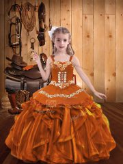 Orange Organza Lace Up Little Girls Pageant Dress Sleeveless Floor Length Embroidery and Ruffles