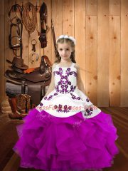 Fancy Fuchsia Ball Gowns Straps Sleeveless Organza Floor Length Lace Up Embroidery and Ruffles Child Pageant Dress