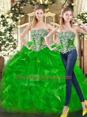 Green Sleeveless Floor Length Beading and Ruffles Lace Up Vestidos de Quinceanera