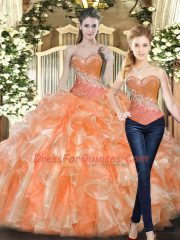 Orange Red Tulle Lace Up Sweetheart Sleeveless Floor Length Quince Ball Gowns Beading and Ruffles