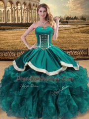 Inexpensive Teal Organza Lace Up Sweetheart Sleeveless Floor Length Quinceanera Gown Beading and Ruffles