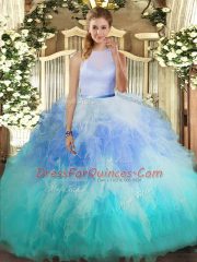 Multi-color Backless High-neck Ruffles Quinceanera Dress Tulle Sleeveless