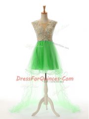 Elegant A-line Green Scoop Tulle Sleeveless High Low Backless