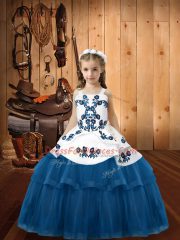 Embroidery Pageant Gowns For Girls Blue Lace Up Sleeveless Floor Length