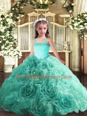 Best Turquoise Ball Gowns Appliques Pageant Dress Toddler Lace Up Fabric With Rolling Flowers Sleeveless Floor Length