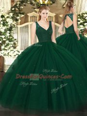 Custom Design Dark Green Ball Gowns Tulle V-neck Sleeveless Beading and Lace Floor Length Backless Quinceanera Gowns