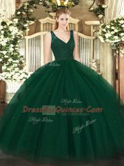 Custom Design Dark Green Ball Gowns Tulle V-neck Sleeveless Beading and Lace Floor Length Backless Quinceanera Gowns