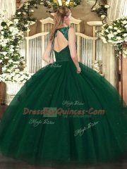 Custom Design Dark Green Ball Gowns Tulle V-neck Sleeveless Beading and Lace Floor Length Backless Quinceanera Gowns