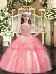 Watermelon Red Ball Gowns Straps Sleeveless Tulle Floor Length Lace Up Beading and Ruffles Evening Gowns
