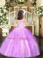 Watermelon Red Ball Gowns Straps Sleeveless Tulle Floor Length Lace Up Beading and Ruffles Evening Gowns