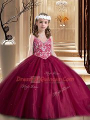 Wine Red Tulle Lace Up Little Girl Pageant Gowns Sleeveless Floor Length Beading and Appliques