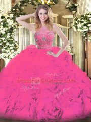 Customized Hot Pink Halter Top Zipper Beading and Ruffles Sweet 16 Quinceanera Dress Sleeveless