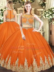 Floor Length Orange Red Sweet 16 Dresses Tulle Sleeveless Beading and Appliques