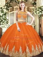 Floor Length Orange Red Sweet 16 Dresses Tulle Sleeveless Beading and Appliques