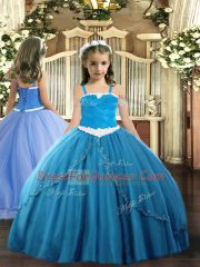 Beauteous Ball Gowns Sleeveless Blue Kids Formal Wear Sweep Train Lace Up
