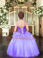 Eye-catching Sleeveless Floor Length Appliques Lace Up Little Girls Pageant Gowns with Yellow Green