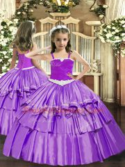 Appliques and Ruffled Layers Little Girl Pageant Dress Lavender Lace Up Sleeveless Floor Length