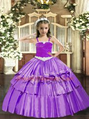 Appliques and Ruffled Layers Little Girl Pageant Dress Lavender Lace Up Sleeveless Floor Length