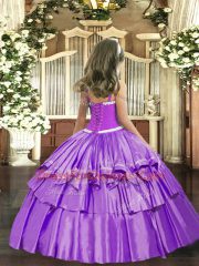 Appliques and Ruffled Layers Little Girl Pageant Dress Lavender Lace Up Sleeveless Floor Length